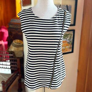 CALVIN KLEIN Sleeveless Black White Stripes Breton Nautical Zipped Knit Top - S